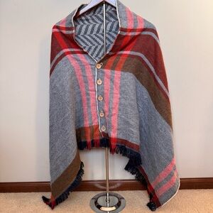 Rustic Plaid Fringe Scarf Shall Wood Buttons Yellowstone Ranch Pancho One Size